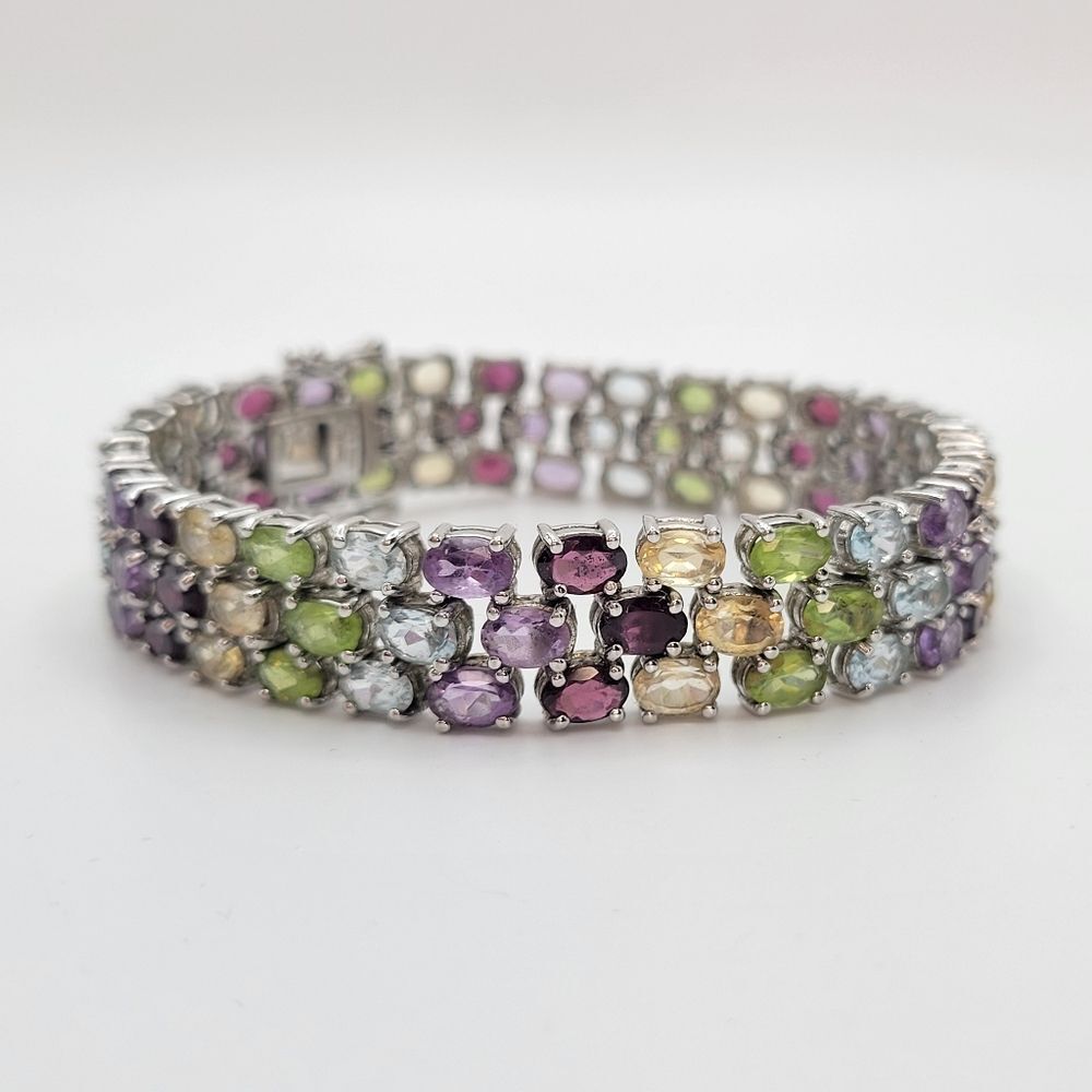 ADI | Sterling Silver Multi Color Gem Stones Three Row Link Bracelet
